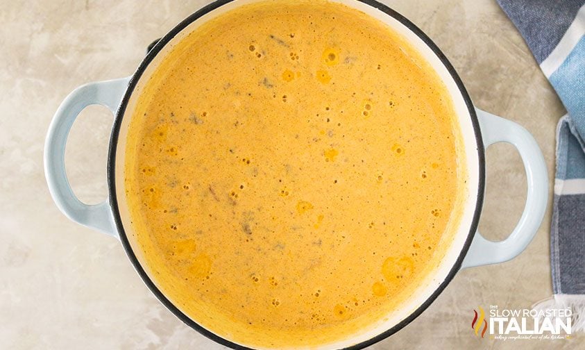 Beer cheese soup in a pot