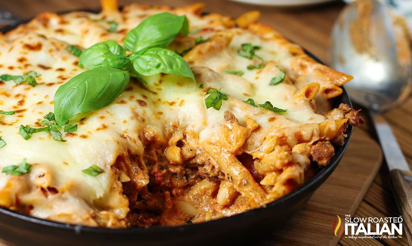 sausage and pasta bake in cast iron pan