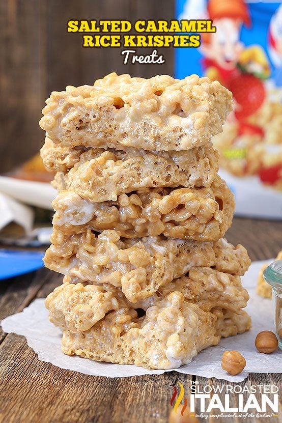titled image (and shown): Caramel Rice Krispie Treats (stacked 4 high)