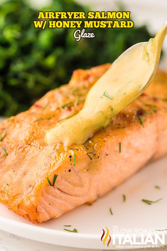 Air fry salmon with honey mustard glaze on white plate