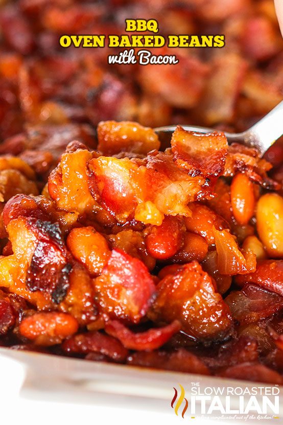 BBQ Oven Baked Beans with Bacon scooped with a spoon