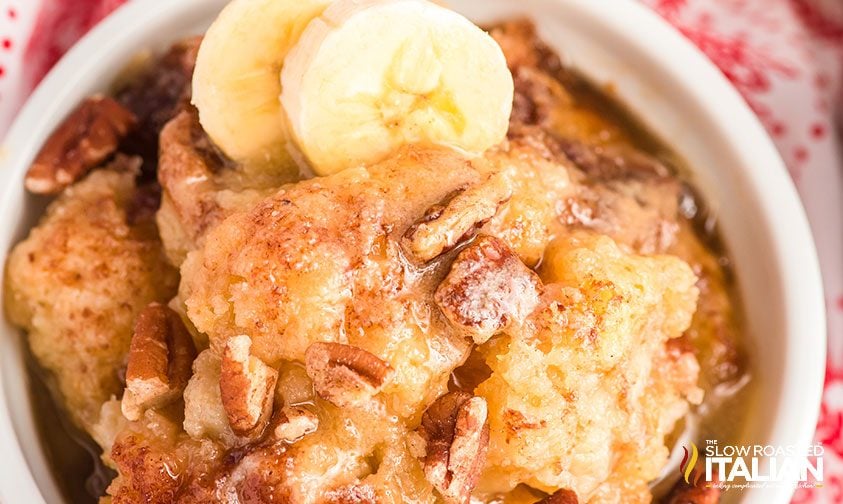 Banana Dessert Dump Cake in a white bowl