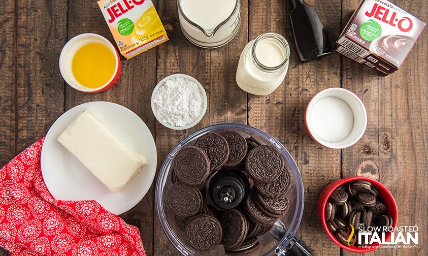 ingredients on countertop for chocolate lasagna recipe