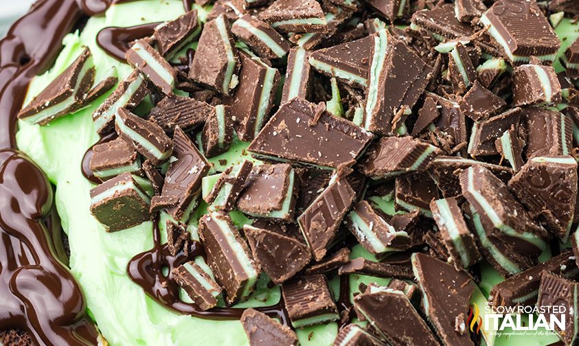 chocolate mint cake with mint frosting and andes mints on top