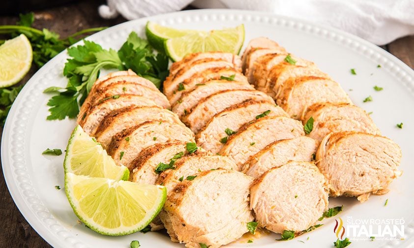Instant Pot Frozen Chicken Breasts sliced on a tray