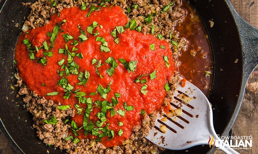 Baked Eggs with Sausage  in a pan