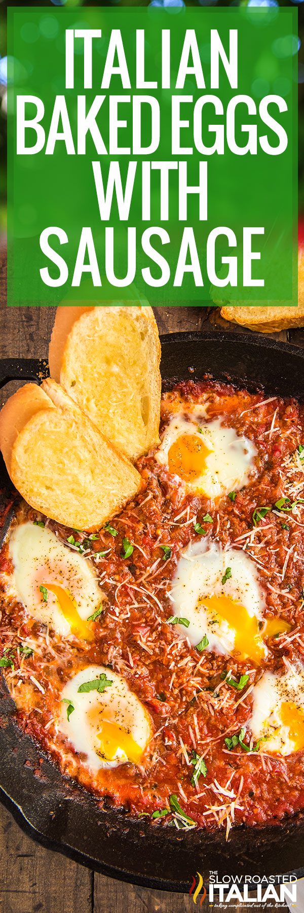 Italian Baked Eggs with Sausage in a skillet with bread