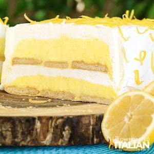 lemon icebox cake sliced to expose inside