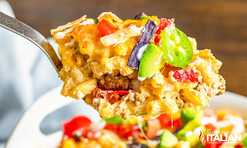 scoop loaded taco mac and cheese on fork