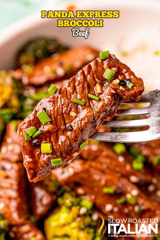 titled (shown on fork) Panda Express broccoli beef recipe