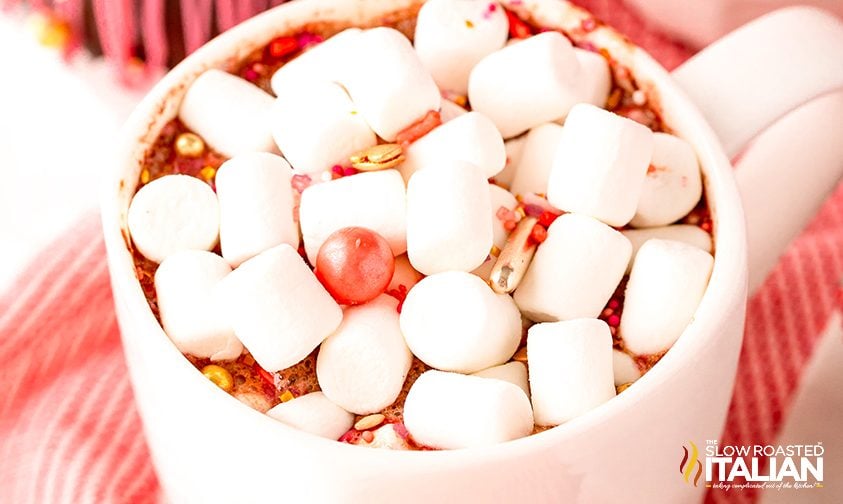 cup of raspberry hot chocolate with mini marshmallow