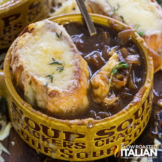 crockpot french onion soup in bowl