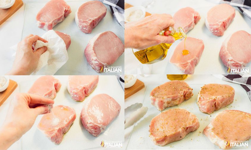 pork chops in the air fryer: pat it, drizzle with oil, sprinkle seasoning