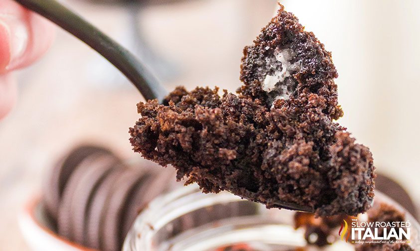 Spoon of oreo mug cake