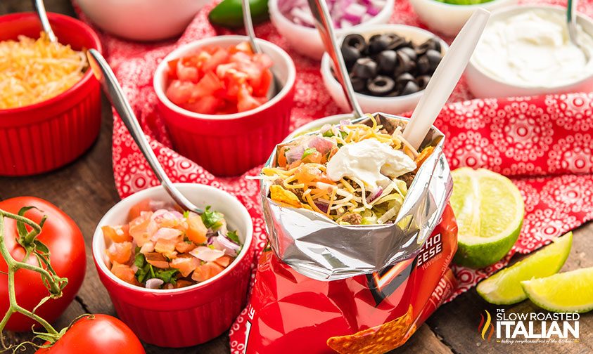 walking tacos ingredients on table