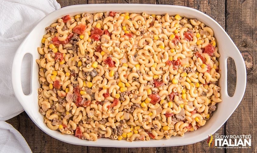 hamburger casserole in a white casserole dish