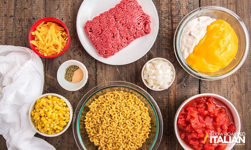 ingredients to make cheesy hamburger casserole