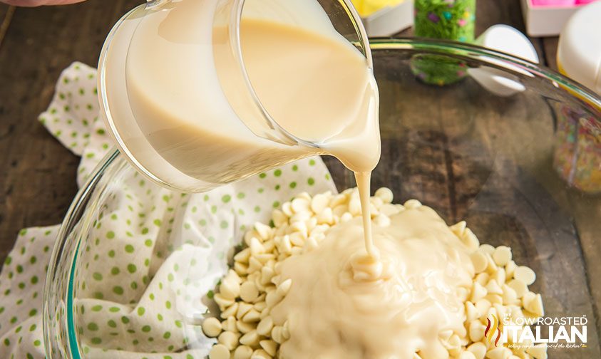 sweetened condensed milk over white chocolate chips