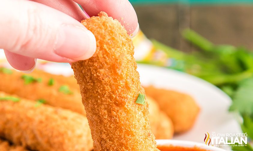 A close up of a mozzarella stick