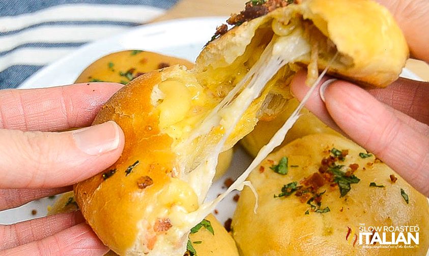 bacon mac and cheese bomb cheese pull