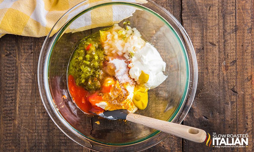 ketchup, pickle relish and other condiments in bowl for copycat big mac sauce