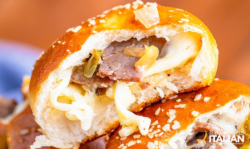 A close up of philly cheesesteak bread bombs