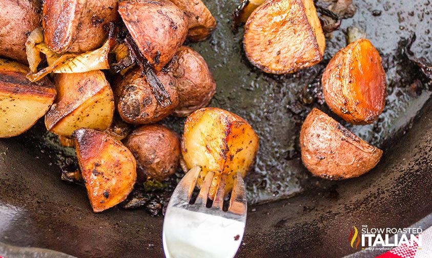 Smoked Red Potatoes finished in a cast iron skillet