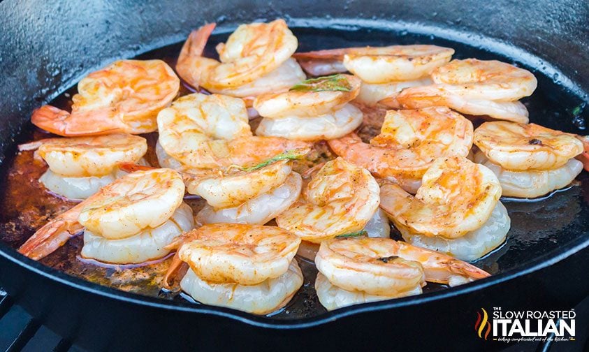 Smoked Lemon Butter Shrimp in a cast iron pan