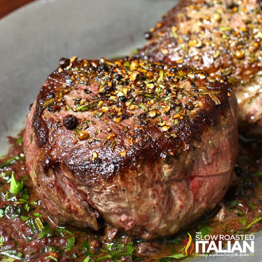 pan seared steak with red wine sauce.