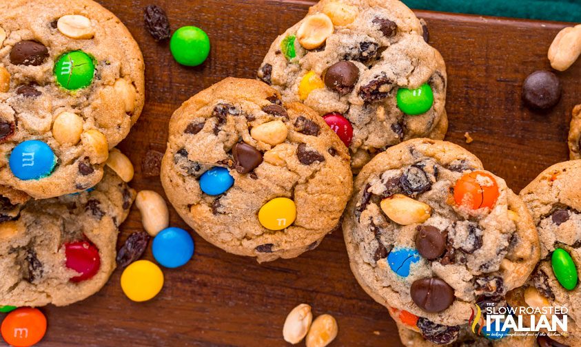 monster cookies on wooden board