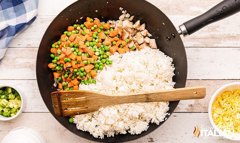 rice, pork, and veggies in pan