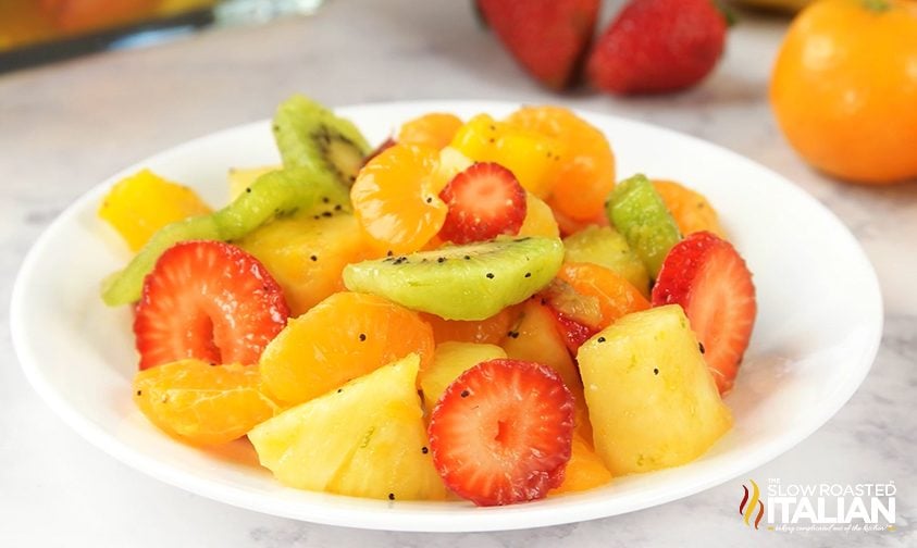 caribbean fruit salad in white bowl