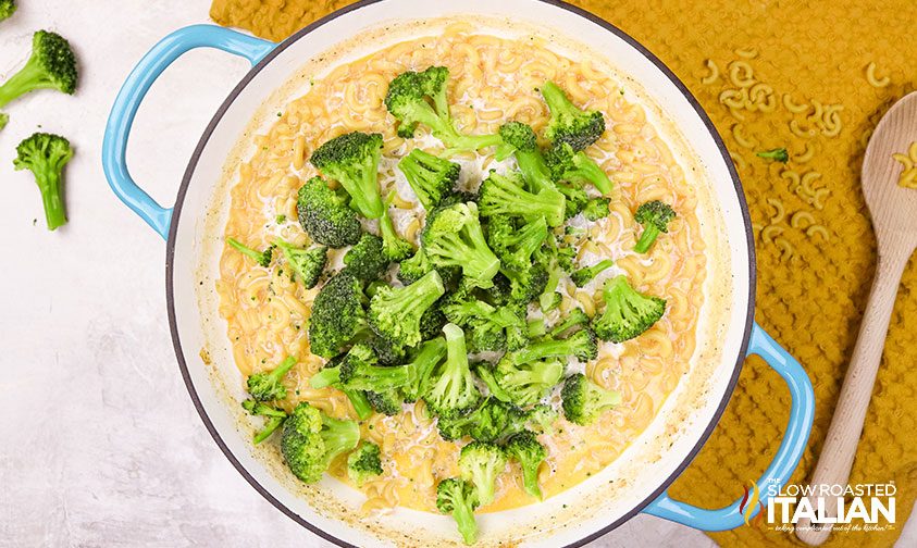 adding broccoli to skillet full of cheese sauce and pasta