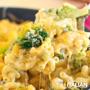 broccoli mac and cheese, close up