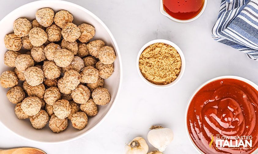 crockpot meatballs ingredients on counter