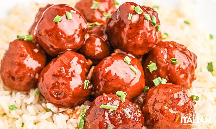 meatballs with honey and garlic over rice