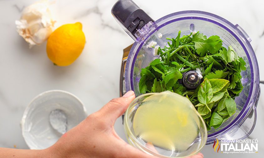 pouring juice in food processor