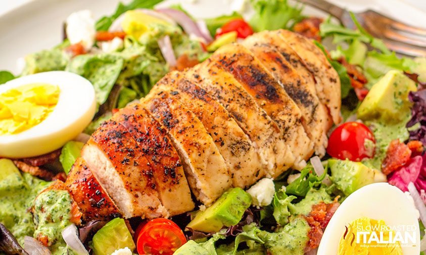 green goddess salad with sliced grilled chicken 