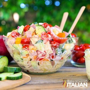 hawaiian tortellini salad in glass salad bowl