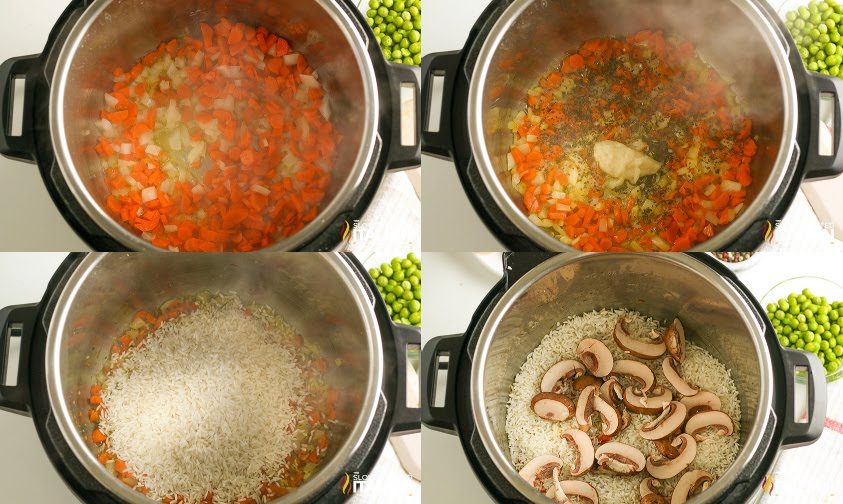 collage of steps to make instant pot chicken and rice recipe