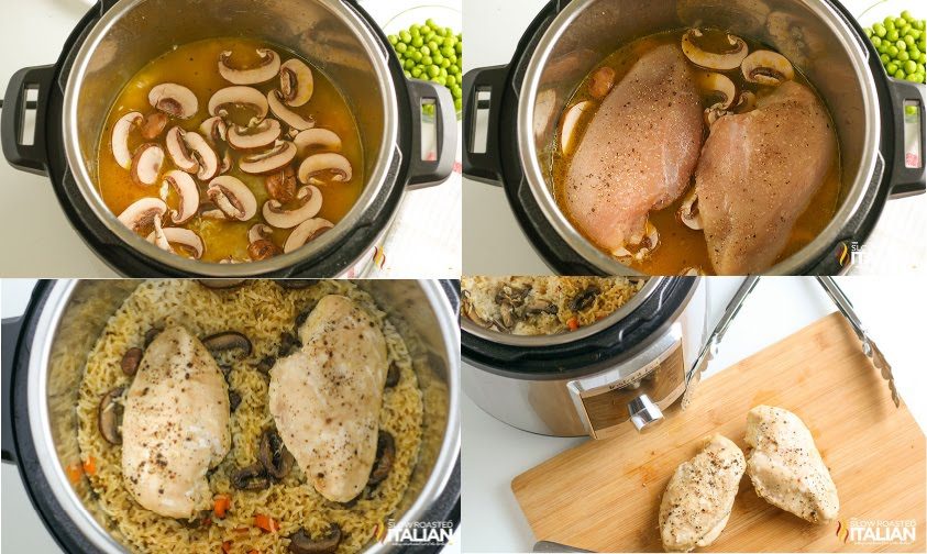 collage of steps to cook chicken and rice in pressure cooker