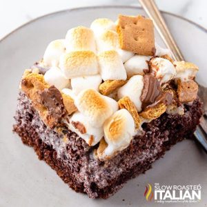 closeup of a piece of marshmallow smores cake