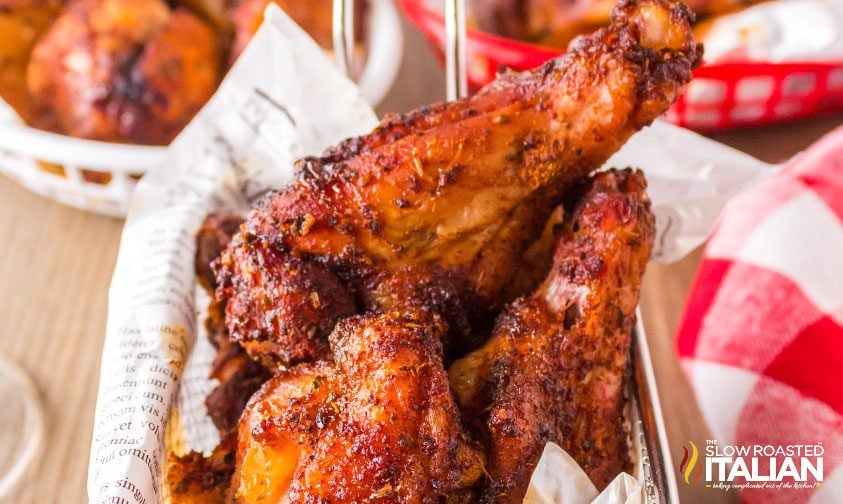 smoked chicken wings in paper lined basket