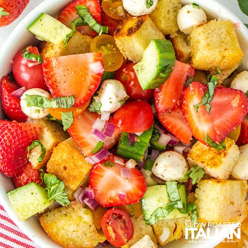 strawberry panzanella salad closeup