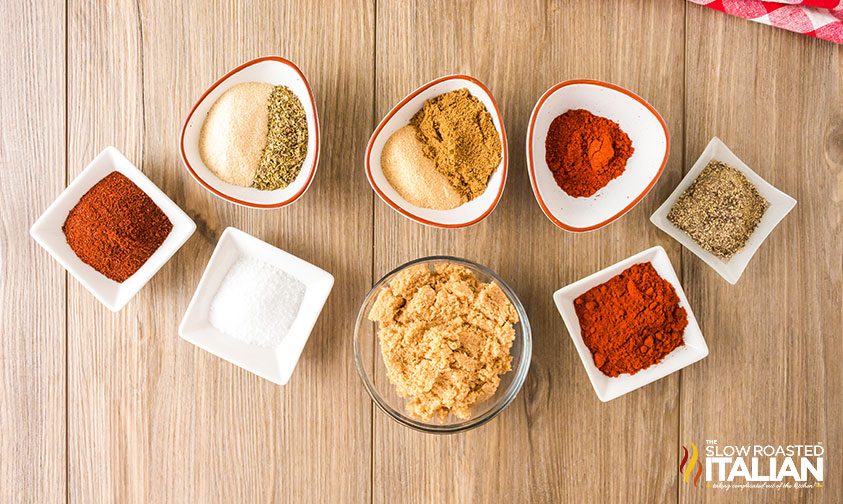 sweet BBQ rub recipe ingredients in prep bowls