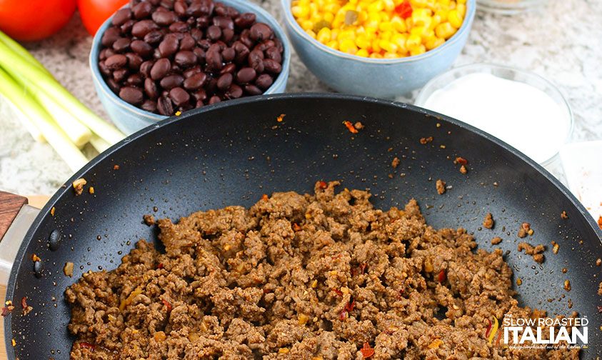 seasoned ground beef cooked in skillet