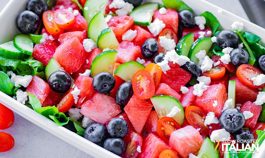 watermelon salad in a casserole dish