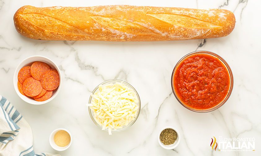 ingredients on counter for air fryer French bread pizza