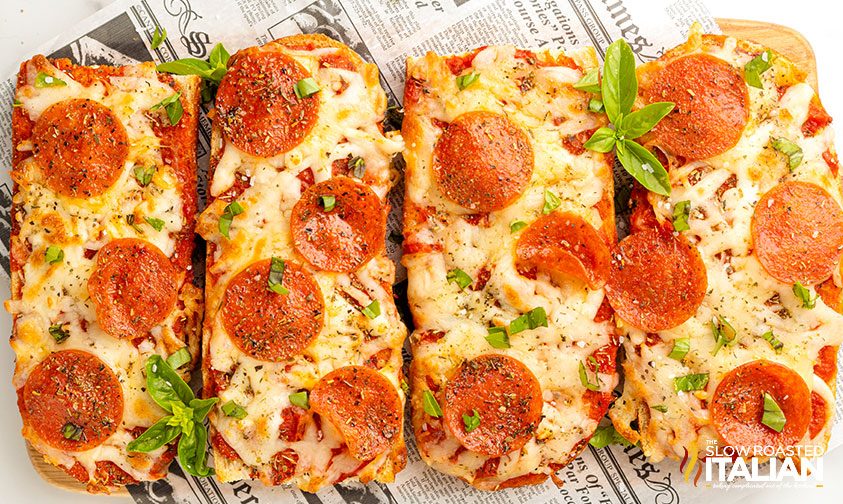 4 french bread pizza\'s side by side