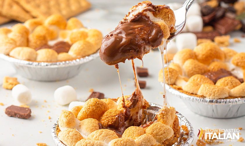 melted chocolate and toasted mini marshmallows on spoon, close up